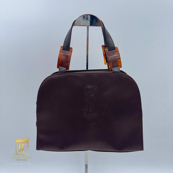 YSL VINTAGE DARK BROWN NYLON FABRIC HANDBAG